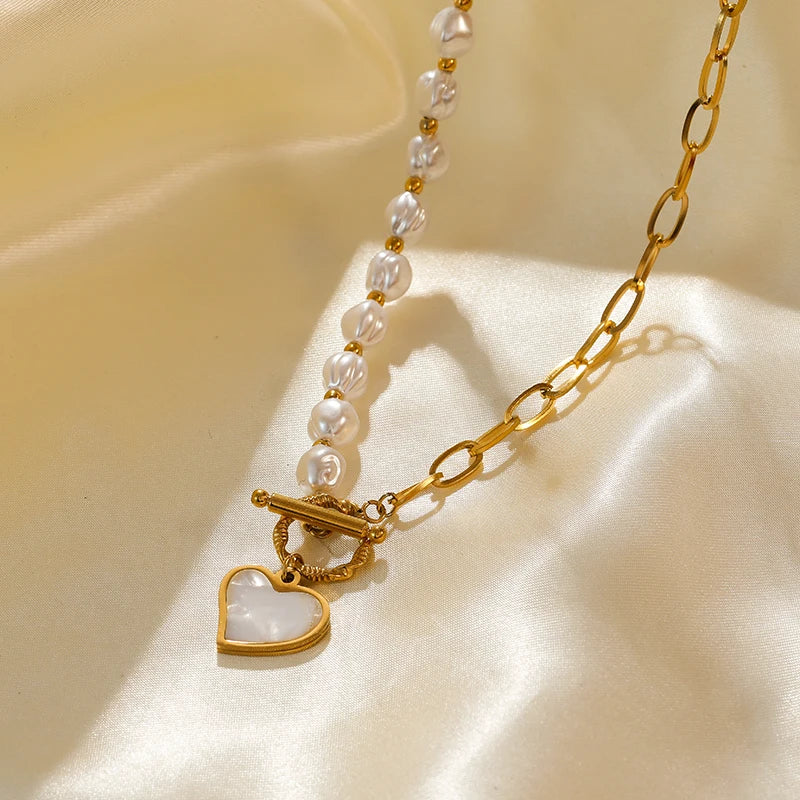 Golden Elegance Pearl Heart Necklace