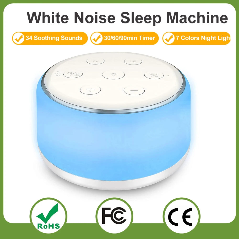 Travel White Noise Machine (7 Night Light Colors & 34 Soothing Sounds)