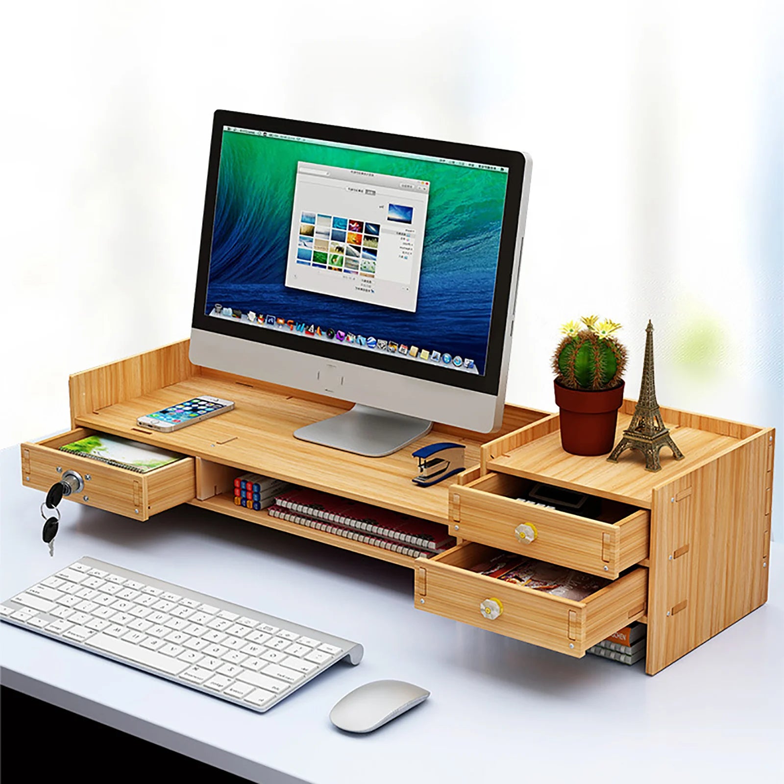 Wooden Desk Organizer with Lockable Drawers