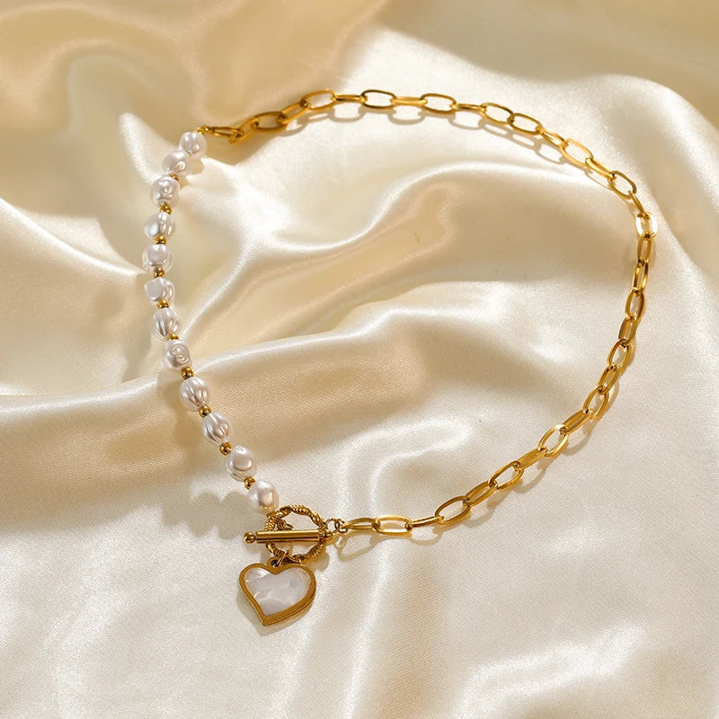 Golden Elegance Pearl Heart Necklace