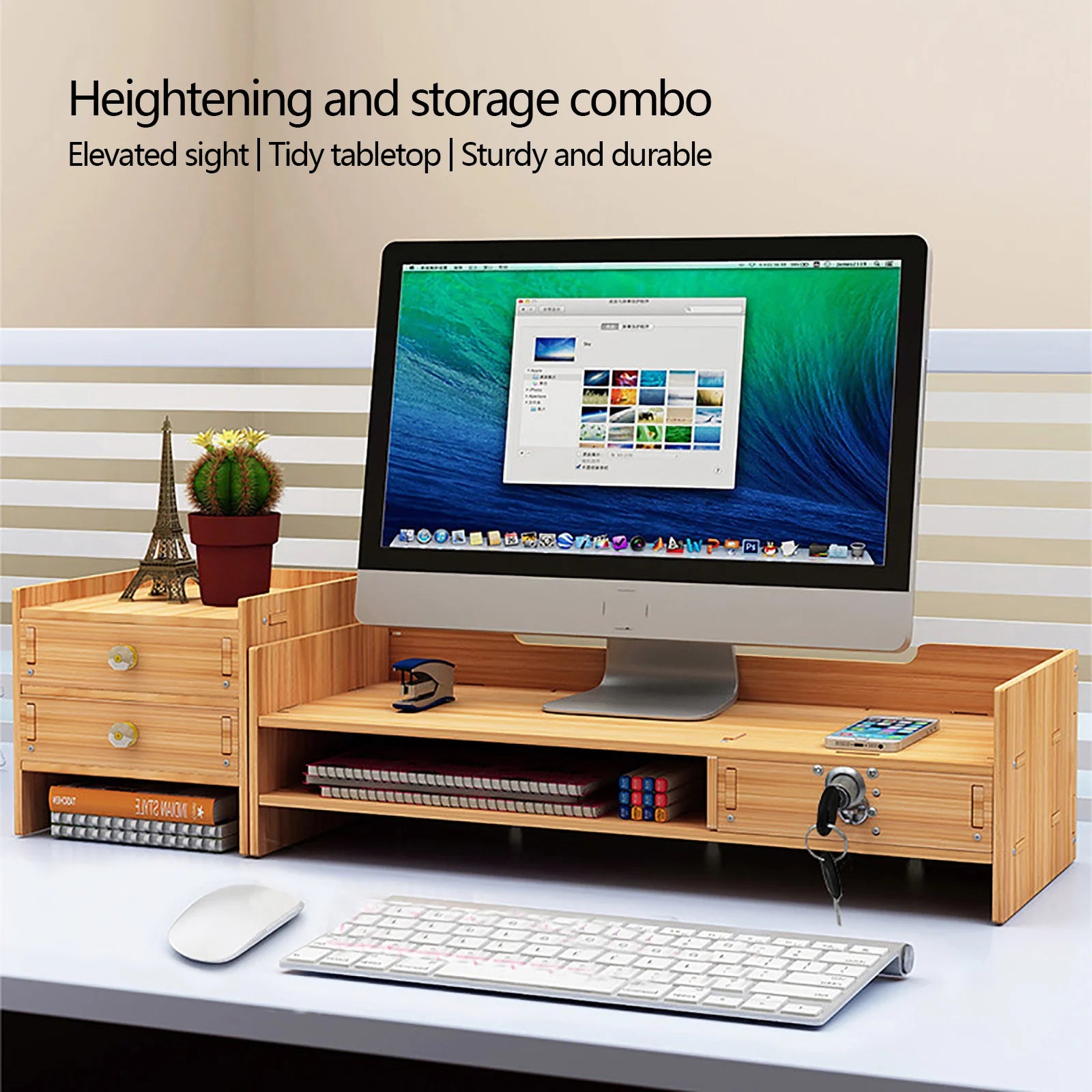 Wooden Desk Organizer with Lockable Drawers
