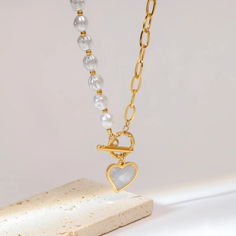 Golden Elegance Pearl Heart Necklace