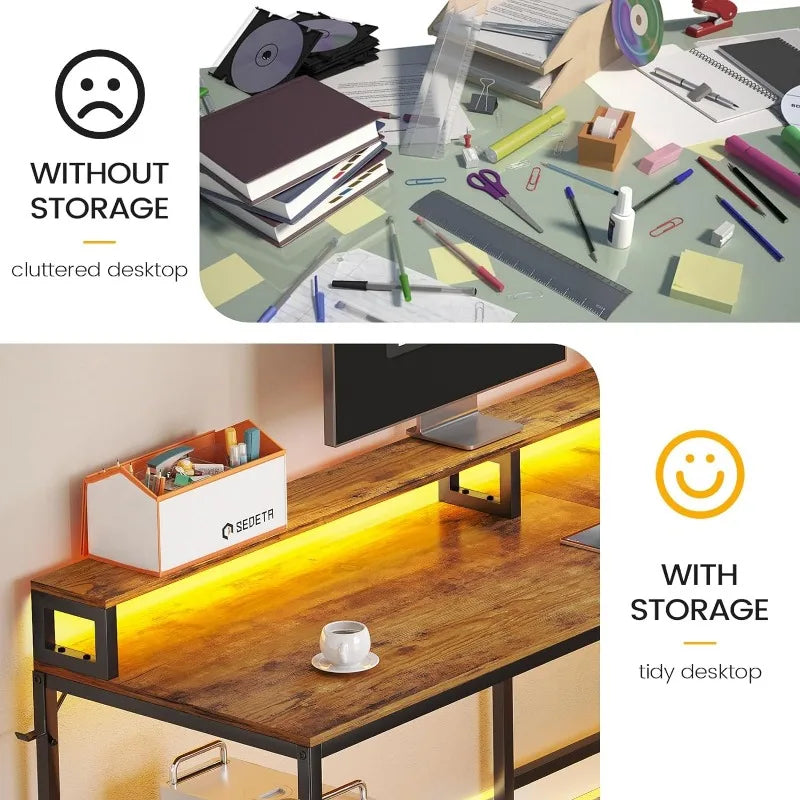 SEDETA L-shaped desk, 66" Home Office Desk with File Drawer, Power Outlet, and LED lights