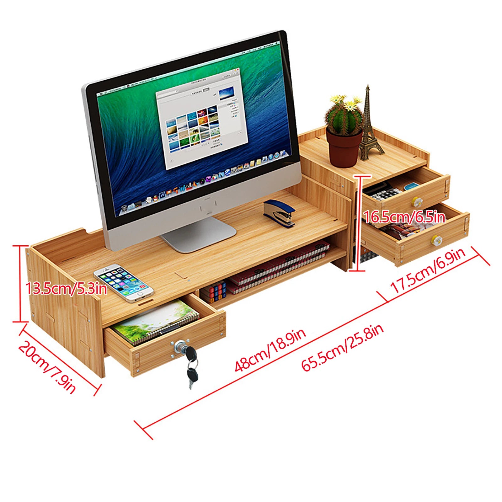 Wooden Desk Organizer with Lockable Drawers