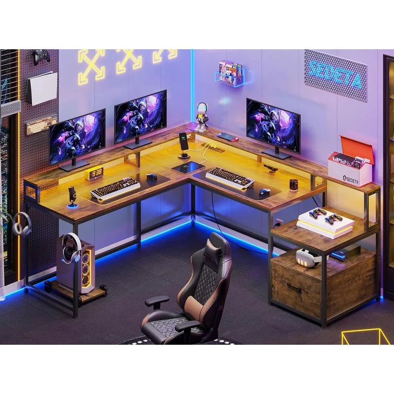 SEDETA L-shaped desk, 66" Home Office Desk with File Drawer, Power Outlet, and LED lights