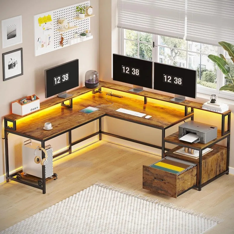 SEDETA L-shaped desk, 66" Home Office Desk with File Drawer, Power Outlet, and LED lights