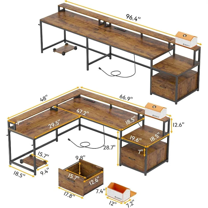 SEDETA L-shaped desk, 66" Home Office Desk with File Drawer, Power Outlet, and LED lights