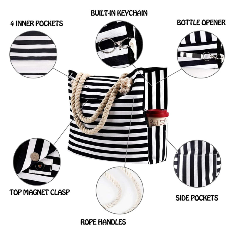 Oversized Casual Striped Canvas Beach Bag