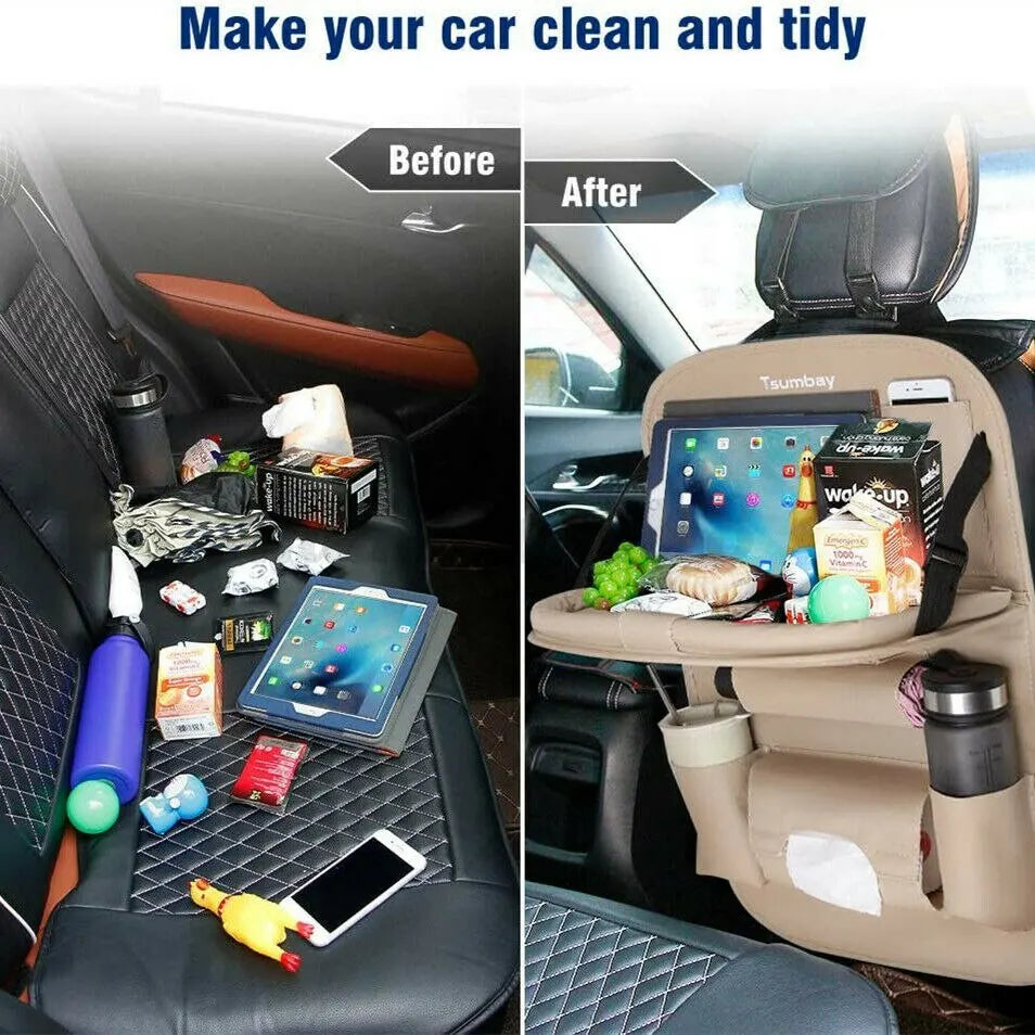 All In One Car Seat Back Organizer with Foldable Table Tray