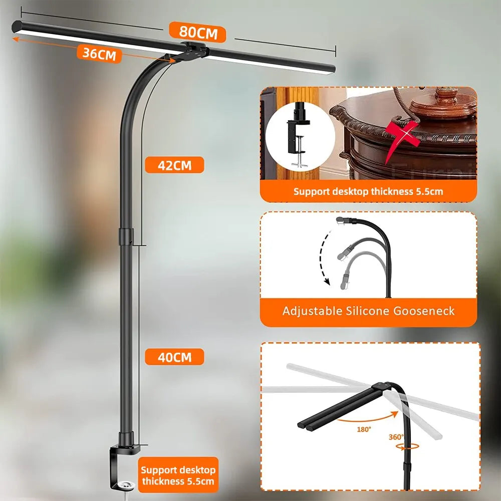 Double Head Dimmable LED Clip on Desk Lamp with Remote Control