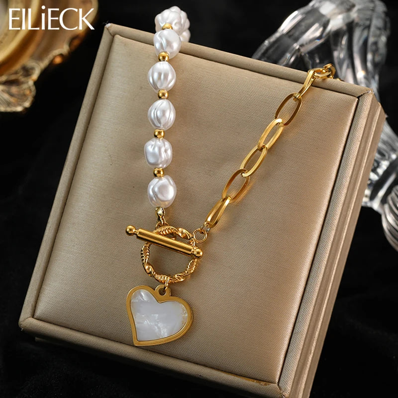 Golden Elegance Pearl Heart Necklace