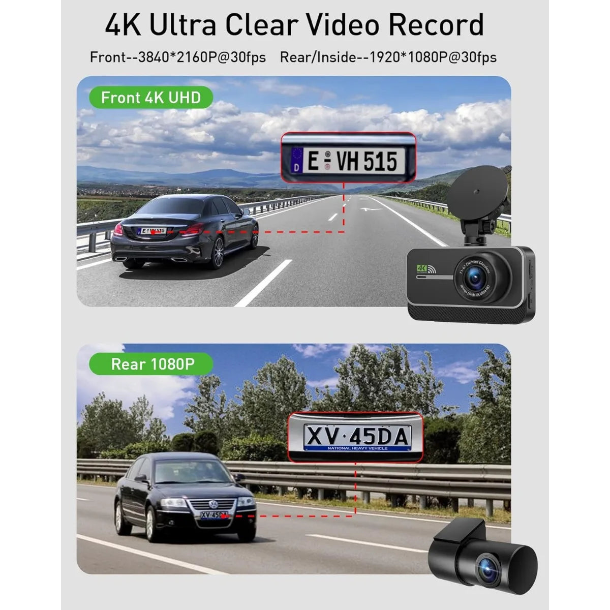 4K WIFI Dash Camera with Front and Rear Camera