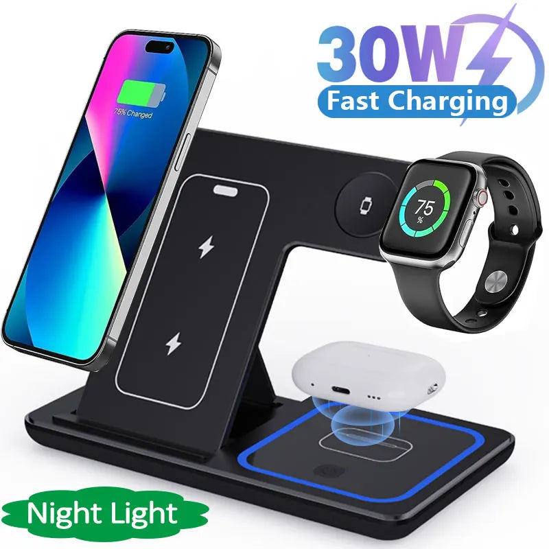 30W Fast Wireless Foldable Charger Station For iPhone 15 14 13 12 11 Apple Watch 9 8 7 6 5 Airpods Pro