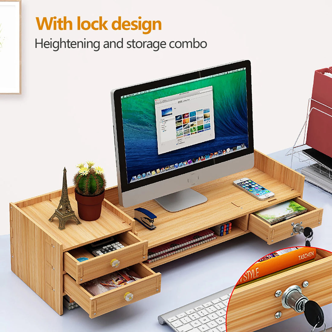 Wooden Desk Organizer with Lockable Drawers